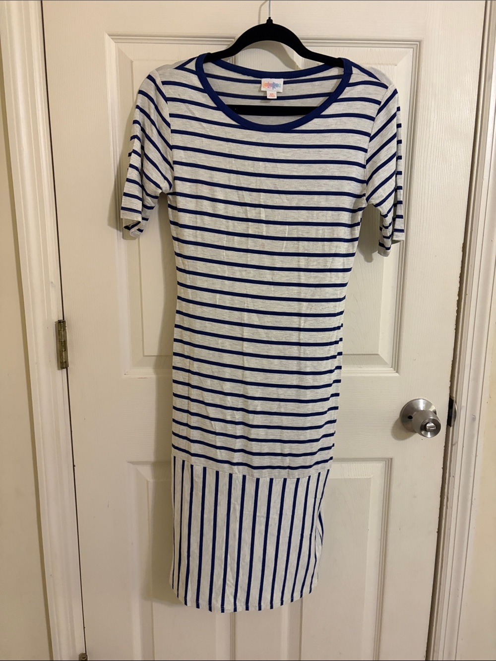 LuLaRoe Blue and White Striped Short Sleeve Midi Dress